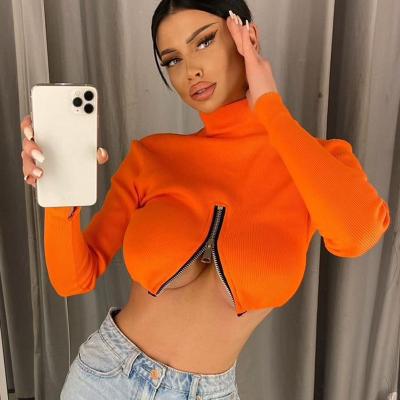 China Joskaa Tortoise Neck Long Sleeve Crop Top Pullover Skinny Sexy Slim Orange Viable Women Short Tops Party Tops 2022 Fashion Streetwear for sale