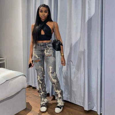 China Gray High Waist Washed Denim Printed by Joskaa Viable Pants Summer Hollow Ripped 2022 Sexy Straight-Leg Jeans Streetwear for sale