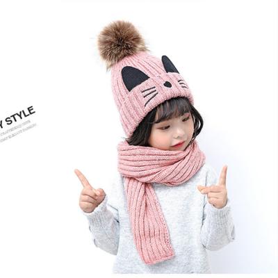 China Korean winter new children's checked kitten knitted hat fashion thickened to keep the baby warm two-piece hat scarf set children hats hats for sale