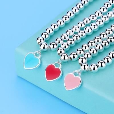 China European and American Style S925 Sterling Silver Round Bead Bracelet Beaded Enamel Peach Heart Love Jewelry Buddha Heart Shaped Female Silver Bracelet for sale