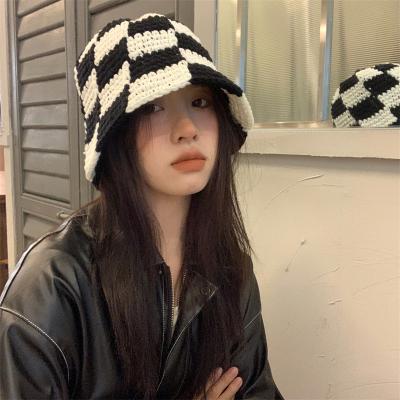 China Custom Logo Crochet Knitted Hat Handmade Crochet Bucket Hat Round Striped Brim Knit Winter Floral Hats Women Hollow Out Beanie for sale