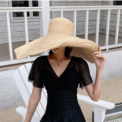 China Striped Edge Sun Fedora Beach Women Straw Hat Lady Oversize 70cm Summer Beach Raffia Large for sale