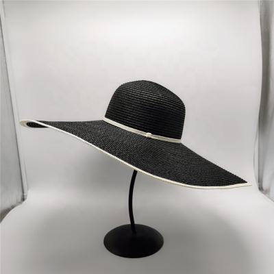 China Lady Summer Beach Hat Striped Cheap Large Brim 18cm Paper Straw Hat Foldable Sun Hat for sale