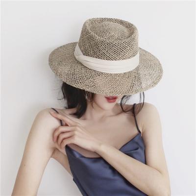 China CAE Custom Logo Summer Lady Flat Brim Straw Hat Body Wide Brim Sun Beach Cap Cheap Wholesale Striped Fedora Beach Paper Women Straw Hat for sale