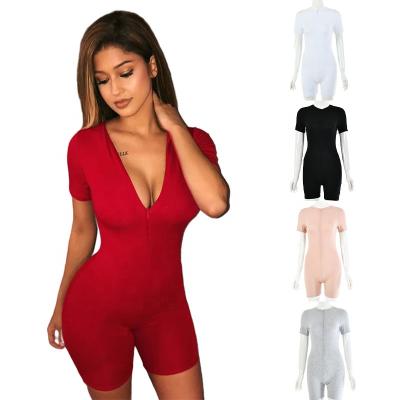 China Custom Logo Onesie Solid Color Women Sleepwear Crew Neck Zipper QUICK DRY Top Women Onesie Romper Pajamas and Jumpsuits for sale