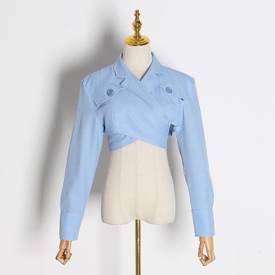 China New Anti-wrinkle spring solid color women's suit navel all-match long-sleeved hollow back slim fit blouse for sale