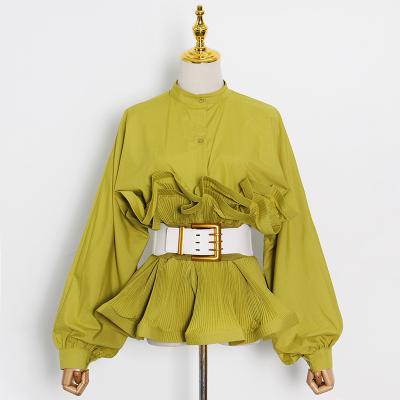 China New summer anti-pilling Japanese lantern sleeves solid color straight stitching shirt with wooden ears and belt for sale