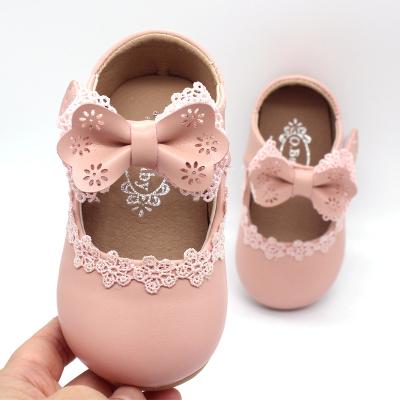 China Children Baby Girls Lace Bowknot Princess Shoes Flat Sole Baby Leather Bow Toddler Square Mouth Shoes for sale