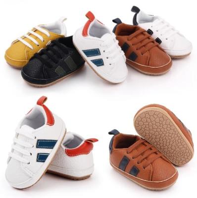 China Newborn Pu Leather Baby Casual Shoes Rubber Sole Striped Print Toddler Baby Casual Walking Shoes en venta