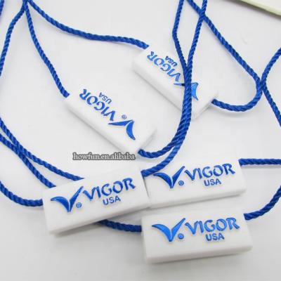 China Viable Free Custom Design Brand Plastic Hang Tags String With Own Seal Logo for sale