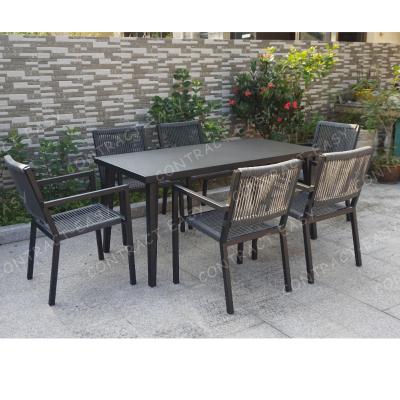 China Modern 7 PCS outdoor furniture perfectly alfresco lunch aluminum table rattan woven chairs benches modern dinning set for sale