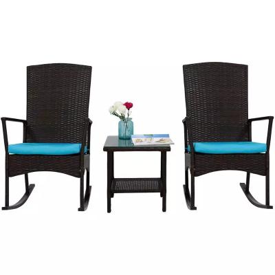 China Modern Outdoor Garden Rocking Chair Rattan Rocker Chair  Sun Wicker Lounge With  Cushion and Tea Table 3pcs for sale