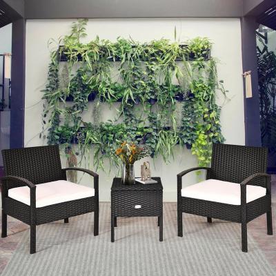 China Modern 3 PCS Patio Furniture Set Outdoor Hand-Woven PE Rattan Conversation Sets 2 Chairs with Glass Top for sale