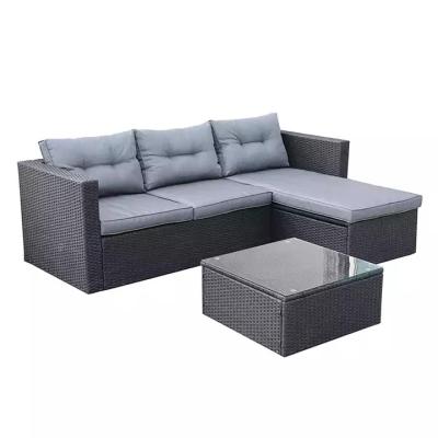 China Modern High Quality 5PCS Outdoor Patio Furniture Sofa Set Wicker Rattan with Cushions Tempered Glass Coffee Table for sale