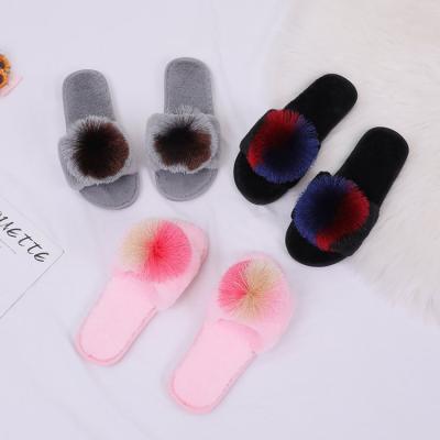 China Durable Soft Flat Fur Slides Shoes Women, Color Tassel Pom Pom Fur Slides Sandals Woman Winter Slippers for sale