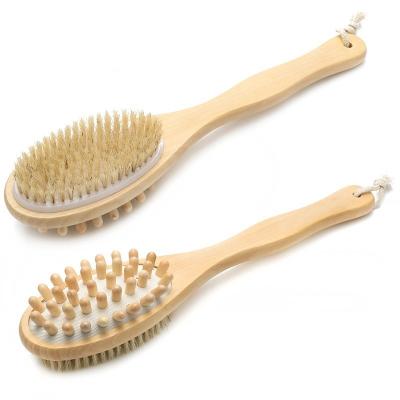 China EXFOLIATING Wholesale Wooden Bristle Bath Brush Double Side Long Bamboo Cellulite Massage Boby Bath Scrub Dry Brush for sale