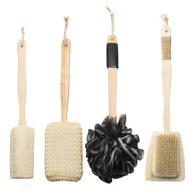 China EXFOLIATING eco-friendly long handle natural bamboo boar stiffen back body brush bath flower loofah brush for sale