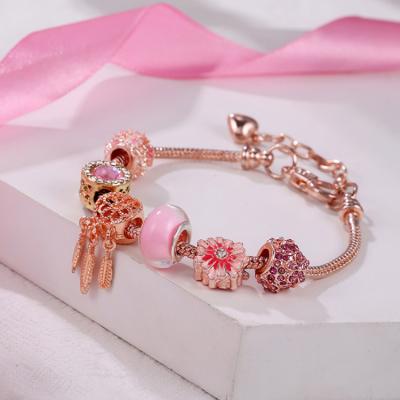 China New Fashion Designer Rose Gold Metal Pink Crystal Stainless Steel Bangle Charm Bracelet For Women Jewelry Gift for sale