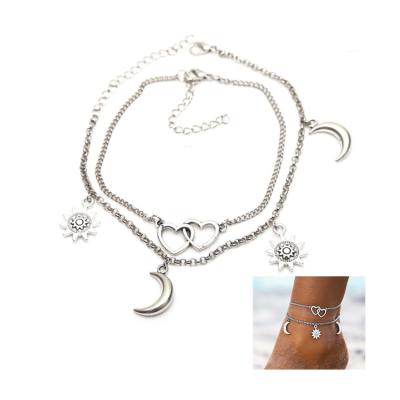 China Wholesale Fashion Sun And Moon Chain Anklets Silver Gold Plated Foot Bracelet Jewelry Anklets Set Bulk for sale