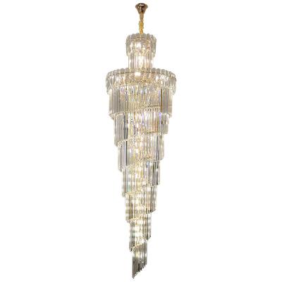 China Modern Luxury Modern Hotel Lobby Decoration Revolving Classic Stairs Crystal Chandeliers Hanging Golden Living Room Long Pendant Light for sale