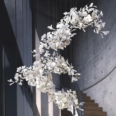 China Customized luxury modern hotel large white ginkgo flower branch and leaf ceramic chandelier for sale