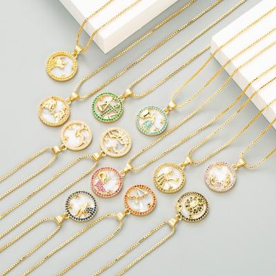 China FASHIONABLE Creative 12 Zodiac Round Shell Pendant Necklace Diamond Clavicle Chain Necklace for sale