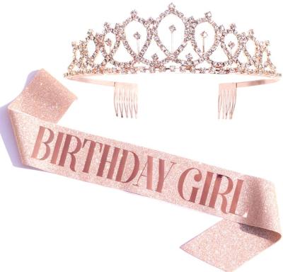 China Party Accessories Birthday Girl's Rose Gold Glitter Sash and Rhinestone Tiara Kit for Girl Women's Birthday Party for sale