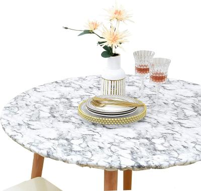 China Round Waterproof Vinyl Tablecloth Fitted Flannel Backing Wipeable Waterproof Plastic Cover White Marble Pattern For 36-42inch for sale