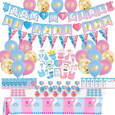 China Decoration Fengmai Gender Reveal Party Kit Contains Banner Tablecloth Balloons Stickers Decoration for Boy's or Girl's Party for sale