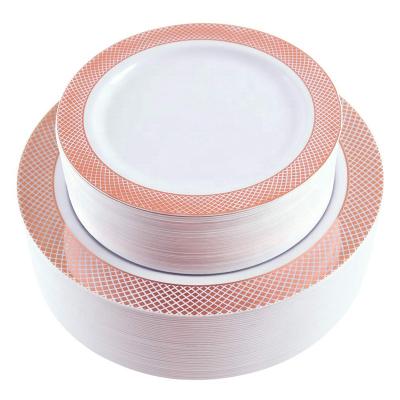 China Viable Rose Gold Plates White Plastic Dishes Well Made Disposable Party Dishes With Diamond Rim Includes for sale