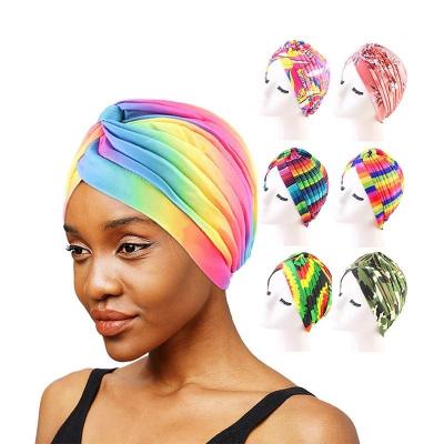 China Hair Decoration Women Knotted Polyester Turban Head Wrap Muslim Female Hair Cowl Rainbow Turban For Ladies Turban For Ladies Long Hair Scarf for sale