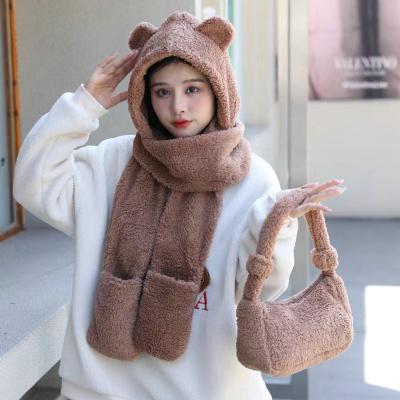 China Fashion\Comfortable\Durable Hot Selling Brown Bear Hat Gloves Set Designer Cute Hat Set Scarf Gloves Long Animal Mitten Hat And Thick Warm Bag Set for sale