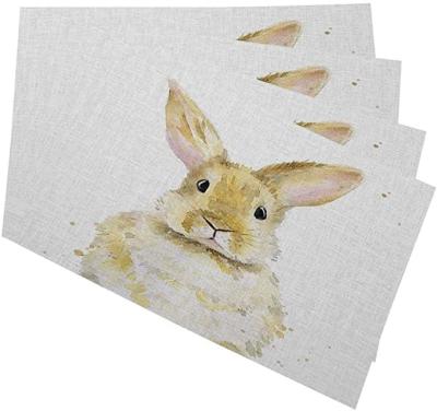 China Health Care Institute Isolated Rabbit On White Background And Tropical Leaves Fabric Canvas Printed Place Mat for sale