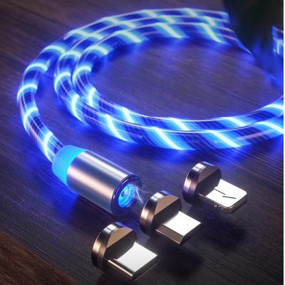 China Hot Wholesale 10PC Mobile Phone 3 in 1 Micro LED Cable Flowing Light Magnetic USB Charger Data Cable Micro Charging Line for sale