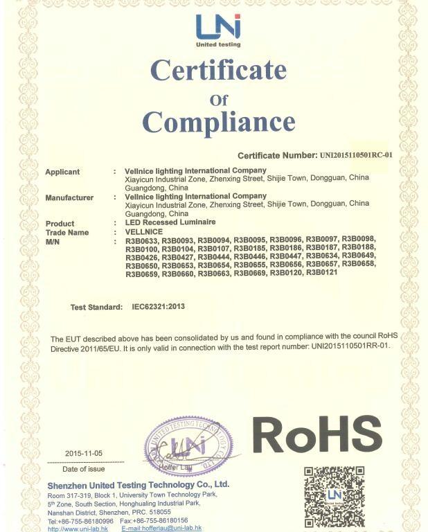 RoHS certificates - Vellnice Lighting Company Ltd