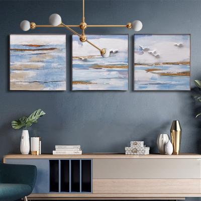 China 100% Handmade Blue and White Sets of Art Handmade Oil Painting Fresh Sofa Background Home Decor Painting of Seaside Abstract for sale