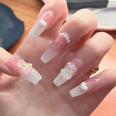 China Easy Apply 24Pcs Pearl Bear French Style Nude Pink Short Square Nail Tips Full Coverage for sale