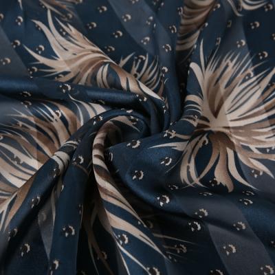 China Newest design memory 100% polyester woven stripe satin leaves printed chiffon fabric for long dress for sale