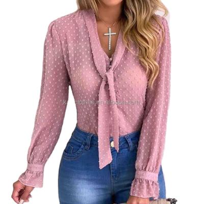 China Anti-pilling Dropship Customized Long Sleeve Chiffon Polka Dot Shirt Dobby Tops Ladies Elegant Blouse Women Long Blouses for sale