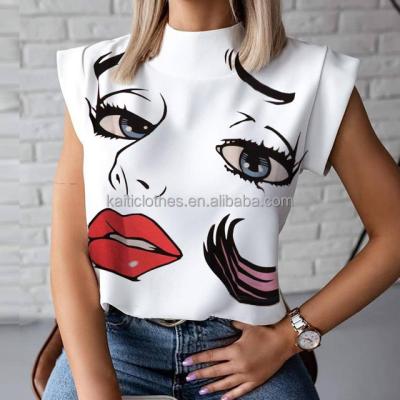 China Dropship Lip Printing Anti-pilling Streetwear Casual T-shirts Sleeveless Lady Lady Loose T-shirts Summer Stand Neck for sale