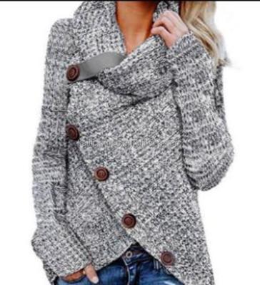 China Custom Anti-wrinkle Dropship OEM Winter Heather Gray Buttoned Wrap Turtleneck Women Ladies Sweater for sale