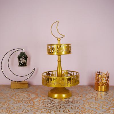 China Beautiful New Ramadan Iron Castle Tray Wedding Holiday Decoration Two Tier Candy Stand Table Dessert Colorful Cake Stand For Eid Mubarak Supplies for sale