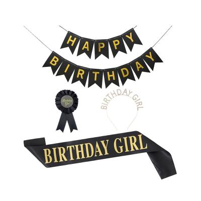 China Lovely colorful birthday party decoration sash set black color BIRTHDAY GIRL banner badge hair band and sash set for sale