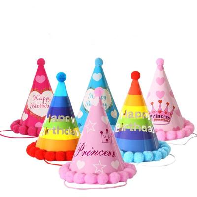 China Birthday hat 16*25cm Conical Plush ball hat birthday party supplies large party hats for kids party decoration for sale