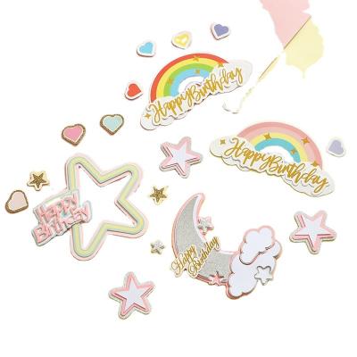 China Beautiful Colorful Ins Style Happy Birthday Paper Cake Toppers For Birthday Star Moon Rainbow Design Cake Decorating Supplies for sale