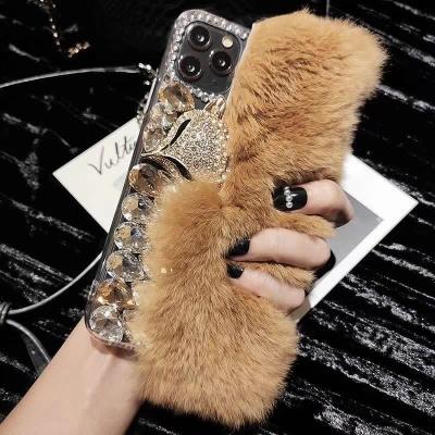 China Bling Luxury Beaver Rabbit Fur Soft Warm Soft Phone Case For iPhone 12 mini 12 pro Max Diamond Fur case for sale