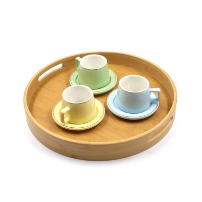 China Sustainable natural bamboo wooden custom tea tray creative baking binaural portable round wooden tray with vegetable bamboo for sale