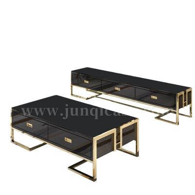 China Wooden black high gloss luxury modern living room furniture stainless steel TV stand with solid wood drawers for sale