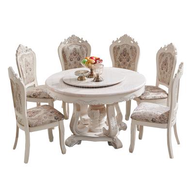 China European style solid wood round white dining table luxury dinning table set 6 chairs with rotating centre marble top for sale