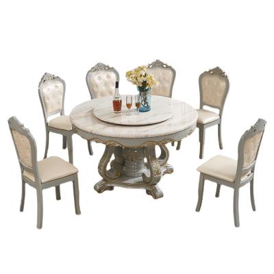 China European Style Antique Wood Dining Table Set Marble Luxurious Dining Room Sets 6 Seater for sale